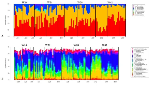 Figure 2: Relative abundance of the different microbial phyla (A) and genera (B) at each  sampling point for every individual pig in each weaning group