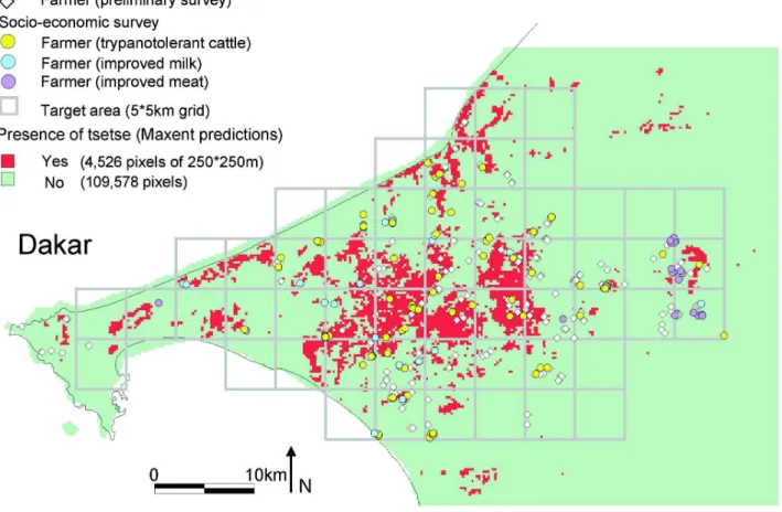 Figure 1. Location of the study area, between Dakar and Thie`s, Senegal. The grid corresponds to 5*5 km cells that were used to design the entomological sampling strategy during the feasibility study [14]