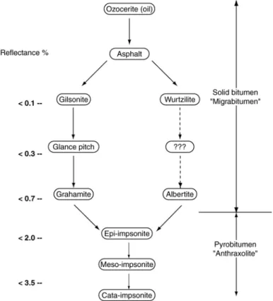 Figure 6.  Mise à jour de la classification des hydrocarbures solides selon leur réflectance (d’après Jacob,  1989)