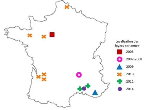 Figure  5.  Localisation  des  foyers  d’AIE  en  France  métropolitaine  entre  2005  et  2015  (d’après  Truffert,  2011 ; Ponçon et al., 2011 ; Hans et al., 2012 ; Hans et al., 2015)
