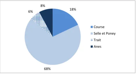 Figure 9. Répartition des équidés par groupes de races en France en 2014 (d’après Annuaire Ecus 2015,  Institut français du cheval et de l’équitation [IFCE] - Observatoire économique et social du cheval [OESC],  d’après Système d’information relatif aux éq