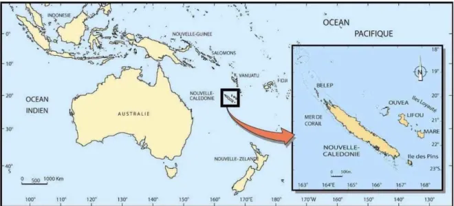 Figure 2.1 : Situation géographique de la Nouvelle-Calédonie dans le Pacifique Sud-Ouest