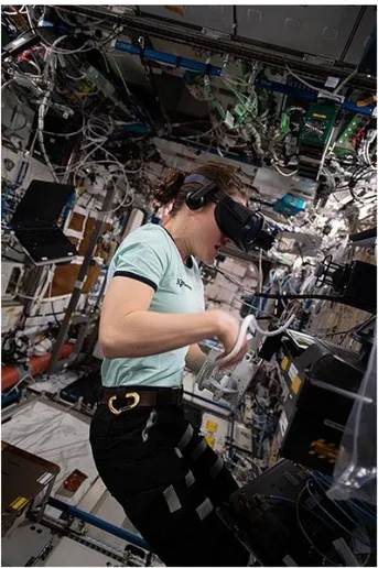 Figure 5. –  Photographie d’une astronaute de la NASA de l’expédition 59 portant un casque de réa- réa-lité virtuelle pour l’étude Vection de Harris et al