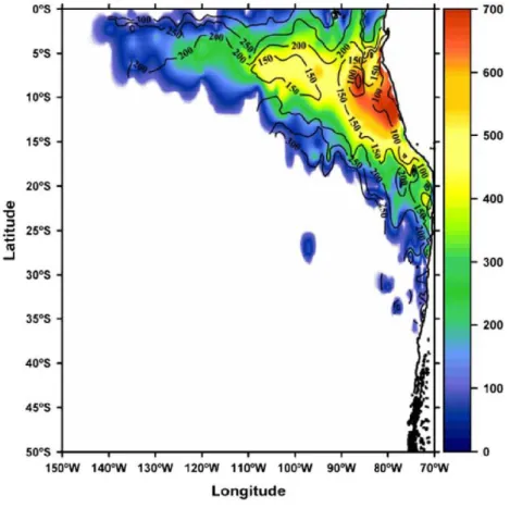Figure 1.7. Oxygen Minimum Zone (OMZ, < 20μmolkg -1 ) thickness (m) in the south-eastern  Pacific