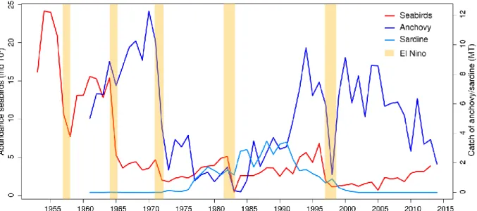 Figure 1.14. Abundances of seabirds (cormorants, boobies and pelicans) from 1952 to 2014,  and catch of anchovy and sardine