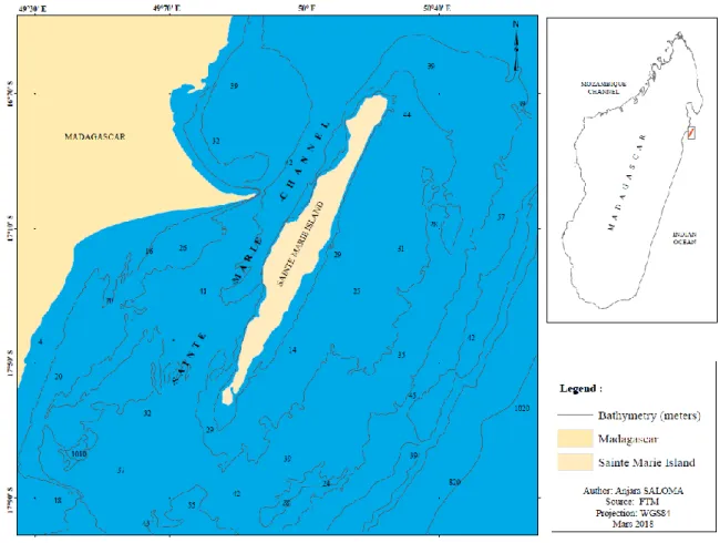 Figure 1: Map of the Sainte-Marie Island, North-East coast of Madagascar showing detailed  bathymetry around the island