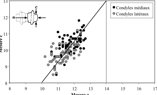 Figure 16  : Appréciation du rapport DT condyle distal / DAP trochlée distale du métacarpe  défini précédemment (Payne, 1969) avec des moutons du Shetland actuels de sexe et d’âge  connus (Davis, 1996 et 2000)
