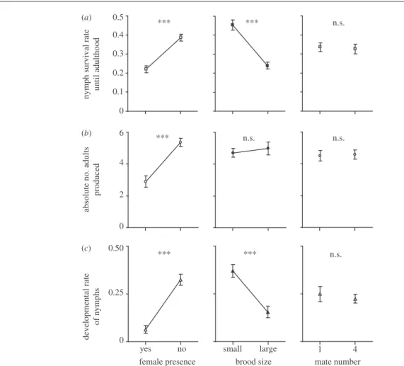 Figure 1. Effects of maternal presence, brood size and mate number on (a) nymph survival rate until adulthood, (b) absolute number of adults and (c) nymph developmental rate