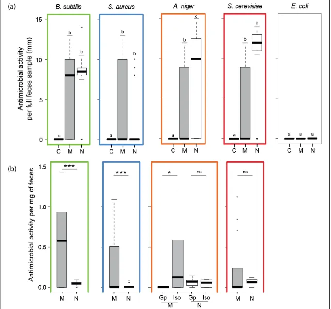 Figure 23 | Effets des fécès produits par la mère (M), les juvéniles (N) ou des solutions contrôles (C) sur la  croissance de bactéries GRAM+ (Bacillus subtilis and Staphylococcus aureus) et GRAM- (Escherichia coli),  d’un  champignon  (Saccharomyces  cere