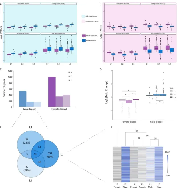 Figure 2: Signature of trait exaggeration among sex-biased genes. Expression in legs of male-biased genes (A)  and female-biased genes (B) identified across all legs