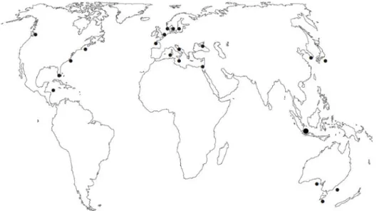 Figure 1-4. Distribution of the blue diatom H. ostrearia according to the literature. Each  black dot indicates a site where the presence of H