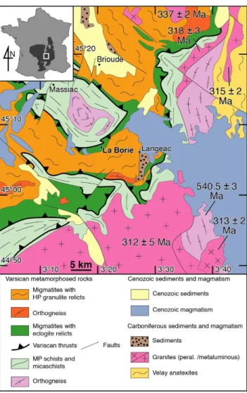 Figure I.1.1: Geological map and localisation of the studied area. The eclogite described in this study has been  sampled west of la Borie, in the migmatites with eclogite relics unit (lat: 45°6'45.29"N; long: 3°19'55.83"E; 
