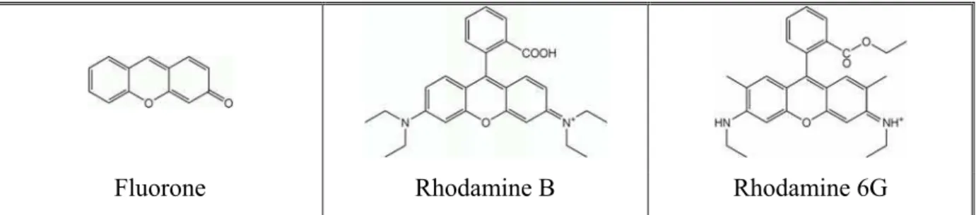 Figure 13 : Structure de la fluorone ainsi que de deux rhodamines. 