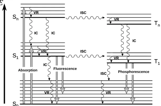 Figure 2.1 : Jablonski diagram, where IC stands for internal conversion, ICS for intersystem  crossing and VR, for vibrational relaxation