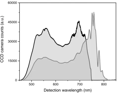 Figure 2.11. Typical white-light spectra recorded with the CCD camera (sample: solvent  only) with a short pass 750 nm filter (black, for NPL experiments) and with a combination  of filters for a smoother cut (grey, for measurements on weakly-confined NC m