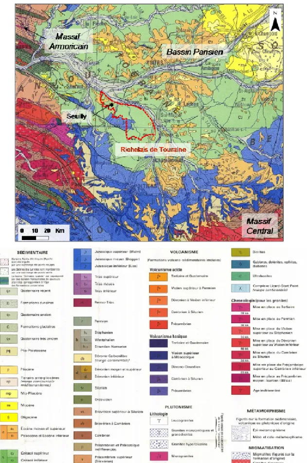 Figure  II-3.  Localisation  du  Richelais  et  du  site  de  Seuilly  sur  la  carte  géologique  de  la  France  au 