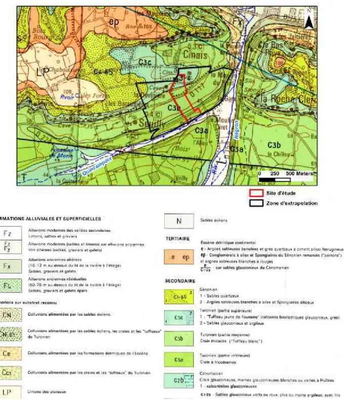 Figure II-4. Géologie du site d’étude et de la zone d’extrapolation d’après la carte géologique de la  France à 1 : 50 000, Loudun (Alcaydé et al., 1989)
