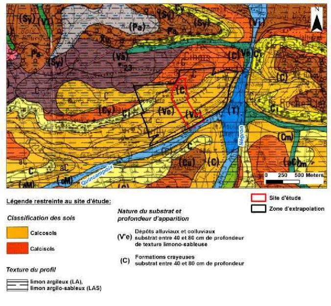 Figure  II-10.  Localisation  du  site  d’étude  et  de  la  zone  d’extrapolation  sur  la  carte  des  sols  à  1 : 50000,  Loudun (Boutin et al., 1990)