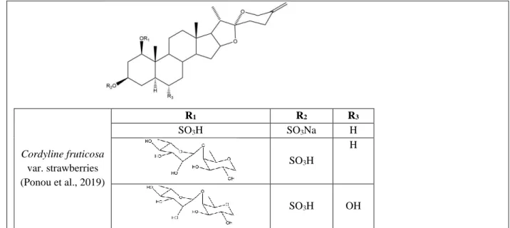 Figure 13. Steroidal saponins elucidated from species of Cordyline genus  2.4. Saponins isolated from genus Dracaena 