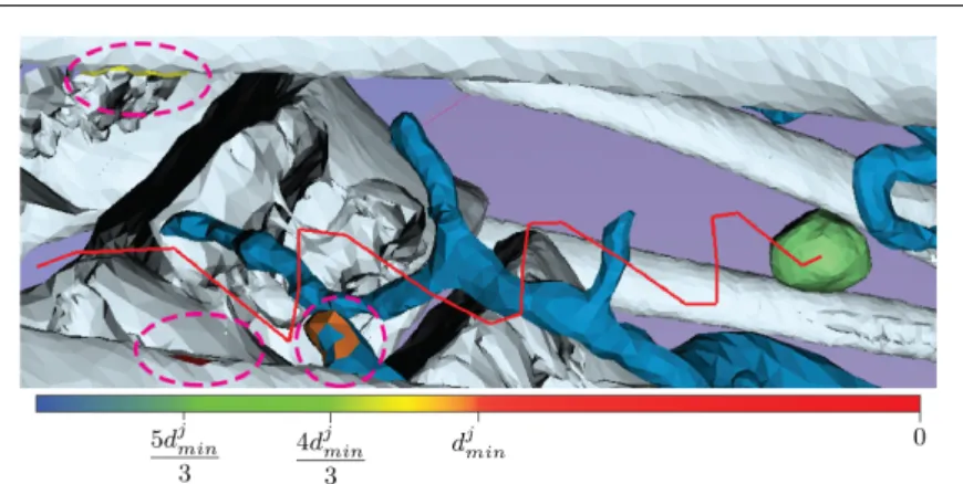 Fig. 2 A trajectory (in red) after correction by method RTIT. Triangles having vertices within R i j are highlighted by pink ovals on the vessels and the ribs