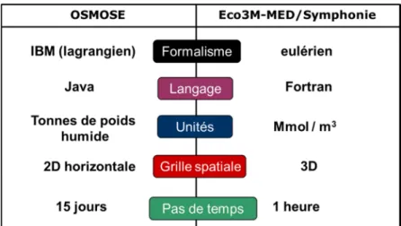 Tableau  3 :  Principales  différences  dans  la  conception  des  modèles OSMOSE et Eco3M-MED/SYMPHONIE.