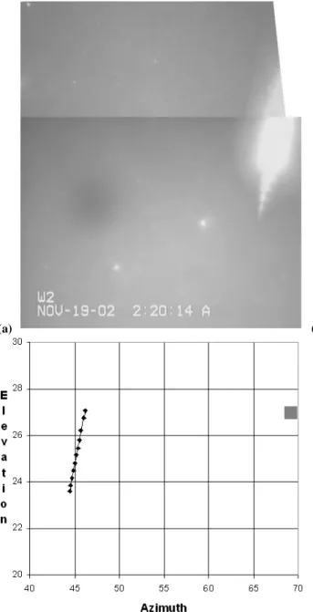 Figure 1b: Plot of the meteor track from Fig. 1 with the indication of the location of  the radar echo associated with this meteor and detected at Azimuth=69, Elevation=27,  Height=113 km, Time=02:19:59, plotted here as the gray box