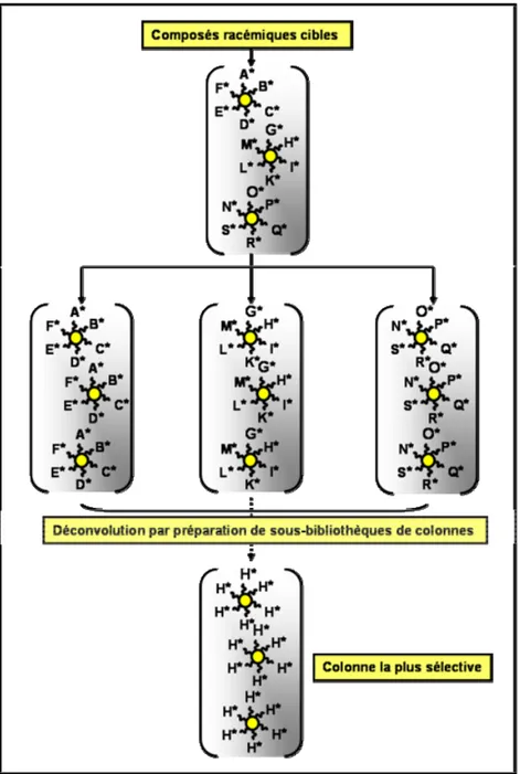 Figure 6 : Concept de criblage par greffage d’une large bibliothèque de sélecteurs potentiels sur des billes  (d’après [67])