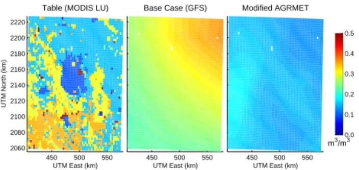 Fig. 3. Soil moisture maps for the fine domain for table values with MODIS land-use shown for reference only, base case using GFS data, and modified case using modified AGRMET data (see text for details).