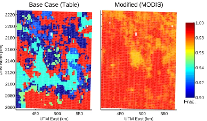 Fig. 7. Surface emissivity maps for the fine domain with tabulated values based on the AVHRR land-use map and with MODIS values.
