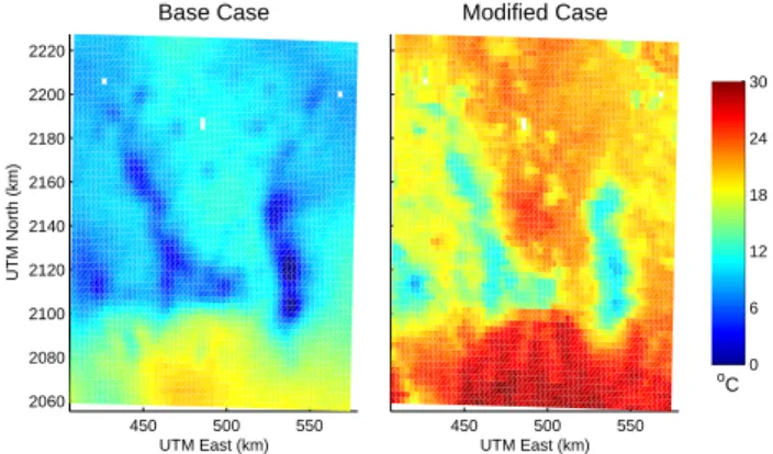Fig. 8. Deep soil temperature maps for the coarse domain, default values and MODIS derived values.