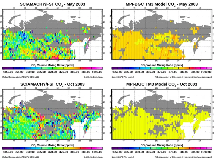 Fig. 11. The monthly scene averages of the FSI CO 2 retrievals (left panels) and TM3 model (right panels), over Siberia for May (top) and October (bottom), 2003.