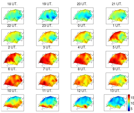 Fig. 12. The IWV measured by the GPS network during the passage of a frontal system from 18:00 UT on 18 November 2004 to 13:00 UT on the 19 November 2004