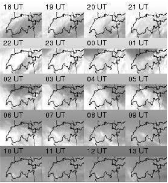 Fig. 13. A series of hourly water vapour (channel 5, 6.2 µm) images obtained by the Meteosat Second Generation (MSG) satellite system from 18 November 2004 to 19 November 2004.