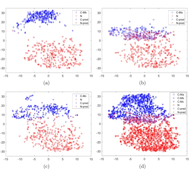 Figure 2.3: The deep feature visualization with t-SNE [MH08]. The model is trained on the original dataset where CIs are generated by Mb