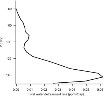 Fig. 2. Total water (vapor + ice) detrainment rate (ppmv/day) as a function of pressure (hPa)