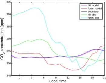 Fig. 5. CO 2 concentrations at hill and forest sites and input from model boundary.