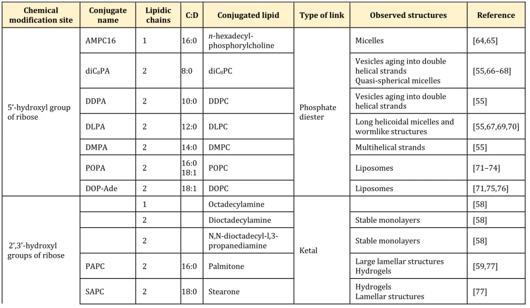 Table 2 Adenosine nucleolipids and observed macrostructures.  Chemical  modification site  Conjugate name  Lipidic 