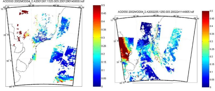 Fig. 7. MODIS AOT data exemplifying Category A days on 24 September 2001 and 23 August 2002 over S˜ao Paulo.