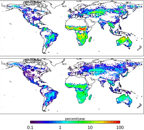 Fig. 11. 2001–2004 mean annual burned area derived from Terra MODIS active fire observations (top), and accompanying one-sigma uncertainties (bottom), expressed as the fraction of each grid cell that burns each year