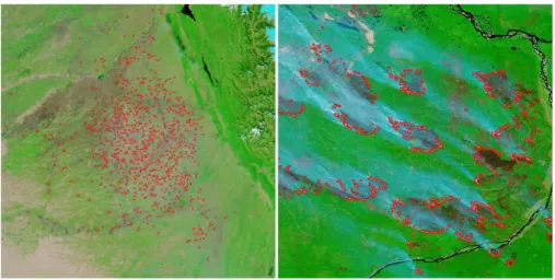 Fig. 1. Aqua MODIS 500-m false color imagery of northern India (left) on 23 October 2004 (08:20 UTC) and Yakutsk, Russia (right) on 19 August 2002 (03:00 UTC)