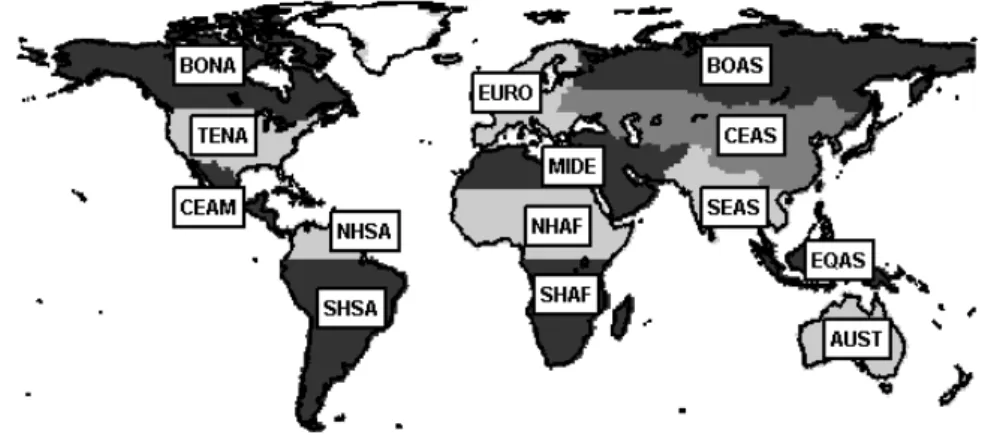 Fig. 3. Map of the 14 regions used in this study. Abbreviations are explained in Table 1.