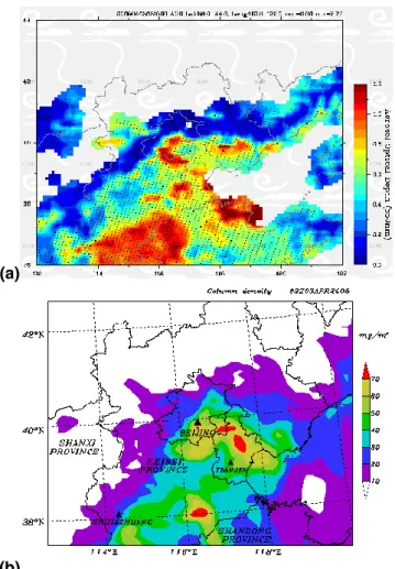 Fig. 5. (a) Aerosol Optical Depth spatial distributions by MODIS at 03:15 (UTC) on 3 April 2005 (b) Model simulated PM 10 column density of Beijing and surrounding areas at 03:00 (UTC) on 3 April 2005.