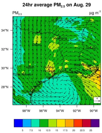 Fig. 2. The spatial distribution of the 24-h average PM 2.5 concen- concen-trations and the 24-h average wind fields predicted by  WRF/Chem-MADRID on 29 August 2000 (Zhang et al., 2005a).