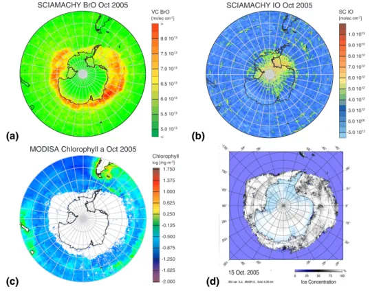 Fig. 7. These maps show the comparisons of the distribution of (a) BrO, (b) IO, (c) Chlorophyll averaged for October 2005 and (d) the ice coverage on 15 October 2005 in the Southern Hemisphere