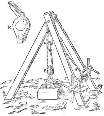 Figure 3 : Elévation d’un poids par une moufle (Les raisons des forces mouvantes, p.7 r°) 