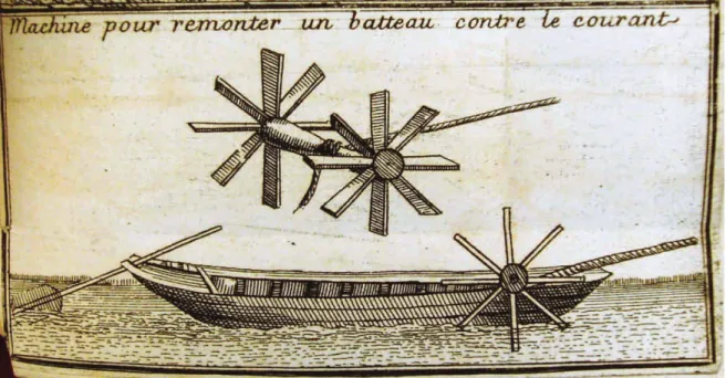 Figure 8 : “Machine pour remonter un batteau contre le courant” (détail de la planche 11 figurant page 92 du  Traité des moyens de rendre les rivières navigables, de Bouillet, de l’exemplaire coté 340542 de la Bibliothèque  Municipale de Lyon) 