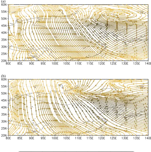 Fig. 5. Seasonally mean streamlines of dust transport fluxes (µg m − 2 s − 1 ) at 3000 m over the Asian region in spring (a) 2005 and (b) 2006.