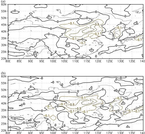 Fig. 6. Seasonal averages of vertical dust transport fluxes (µg m −2 s −1 ) at 3000 m over the Asian region in spring (a) 2005 and (b) 2006.