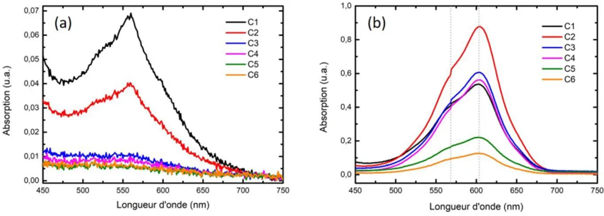 Figure 1.9 - Influence de la concentration sur les spectres d'absorption pris dans du toluène - (a) du Spy - (b) de la  MC 
