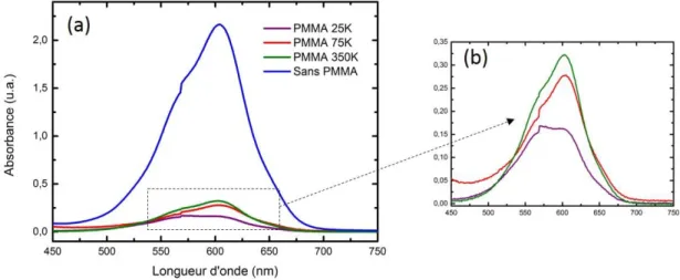 Figure 1.10 - (a) Influence du PMMA et de son poids moléculaire sur le spectre d’absorption de la mérocyanine  dans le toluène – (b) Zoom sur les spectres de la mérocyanine en présence de PMMA 